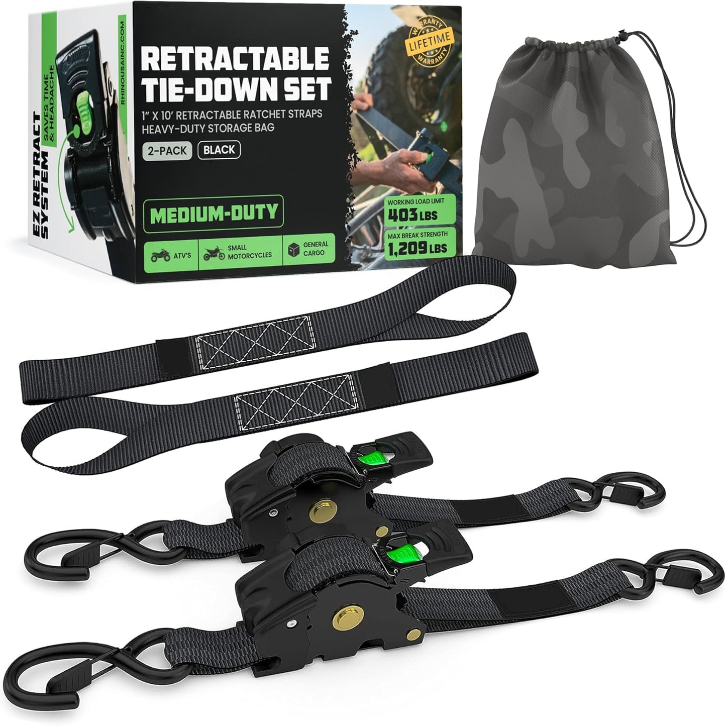Retractable Ratchet Tie-Down Straps (2-Pack) – 1" x 10' (1209 lbs Break Strength)