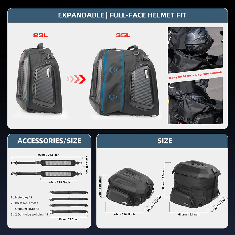 Hard Shell Motorcycle Tail Bag – Expandable 23-35L