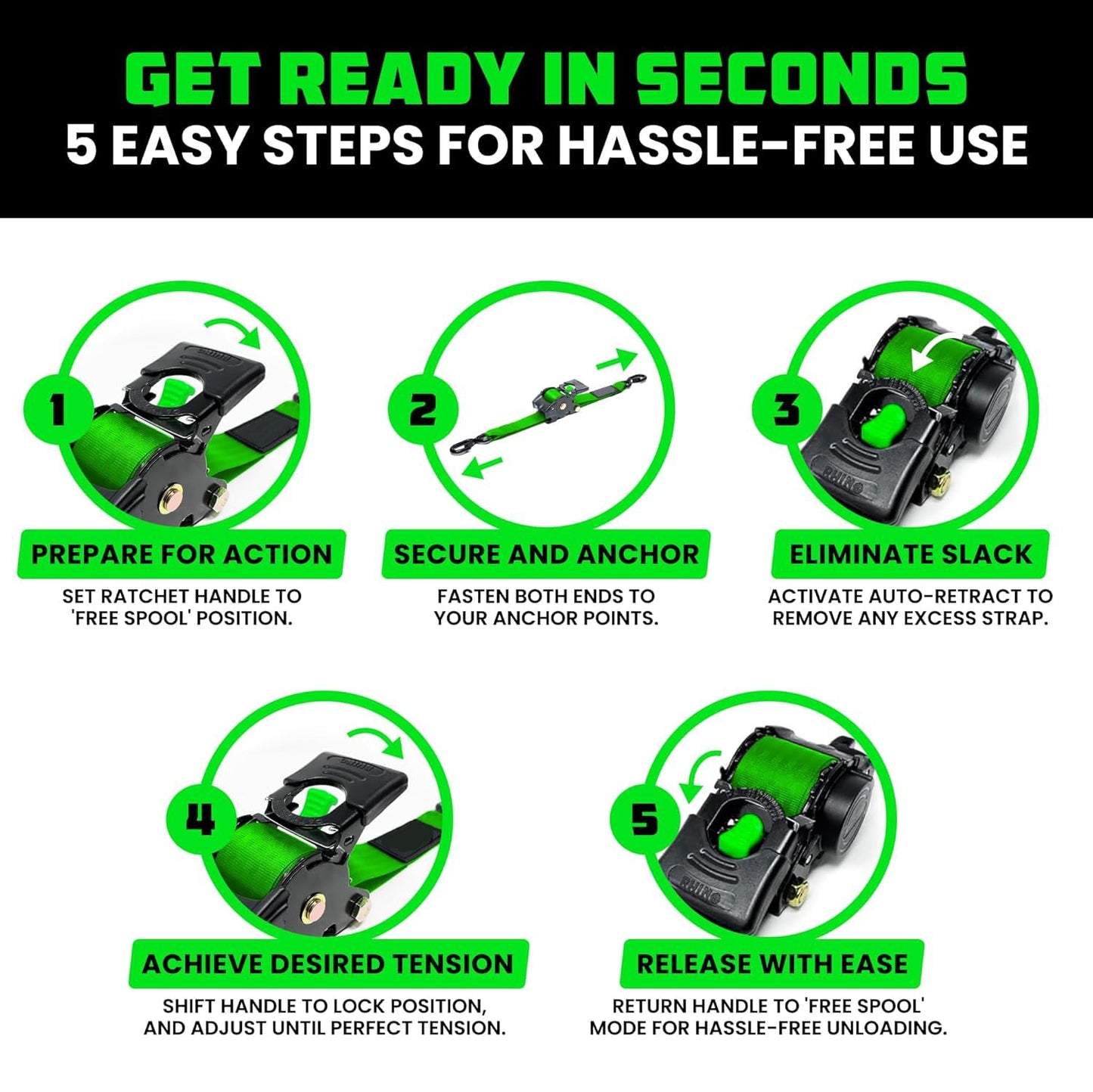 Retractable Ratchet Tie-Down Straps (2-Pack) – 1" x 10' (1209 lbs Break Strength)