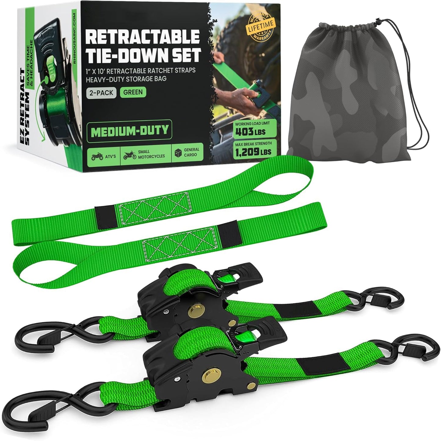 Retractable Ratchet Tie-Down Straps (2-Pack) – 1" x 10' (1209 lbs Break Strength)