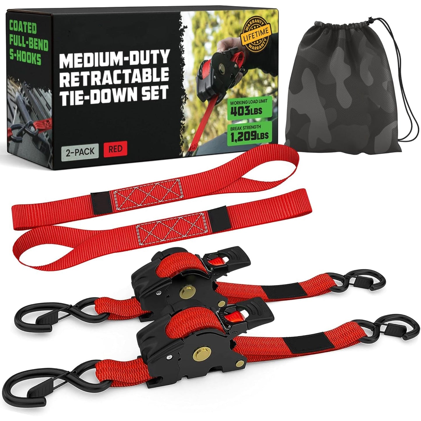 Retractable Ratchet Tie-Down Straps (2-Pack) – 1" x 10' (1209 lbs Break Strength)